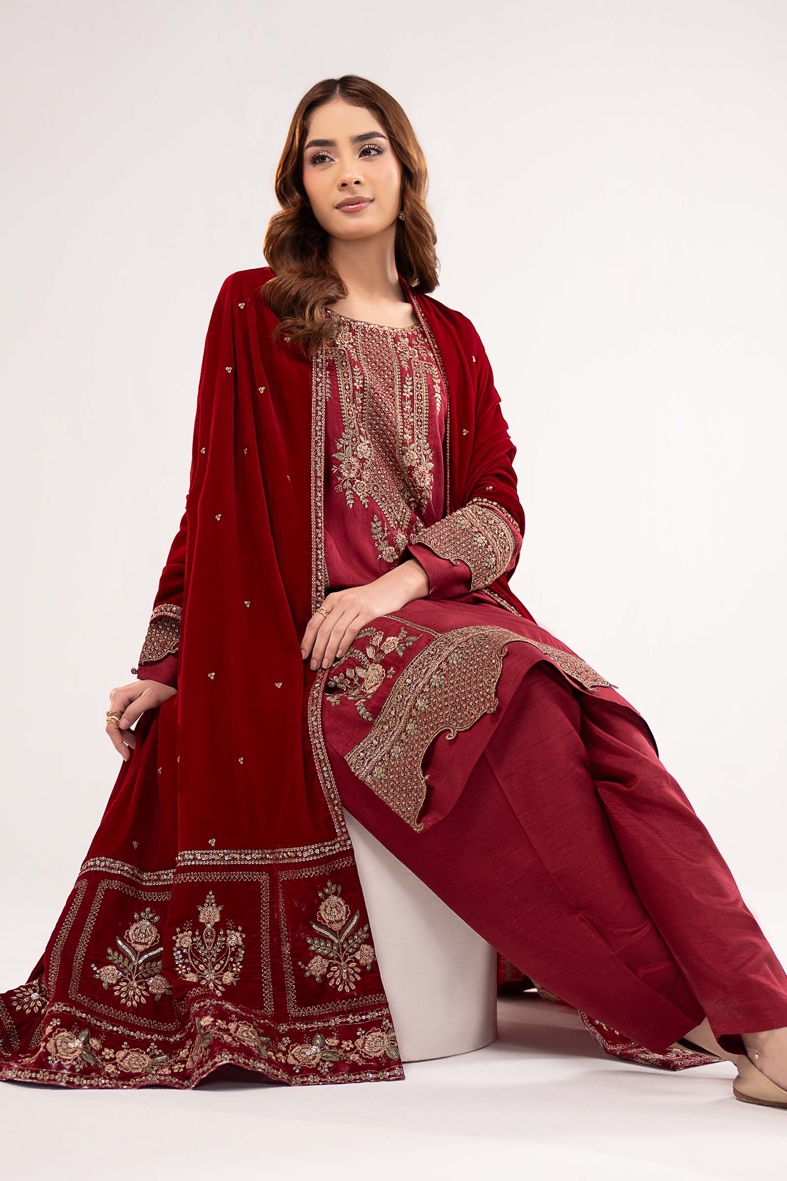 3 Pc Embroidered Raw Silk Suit - Image 3