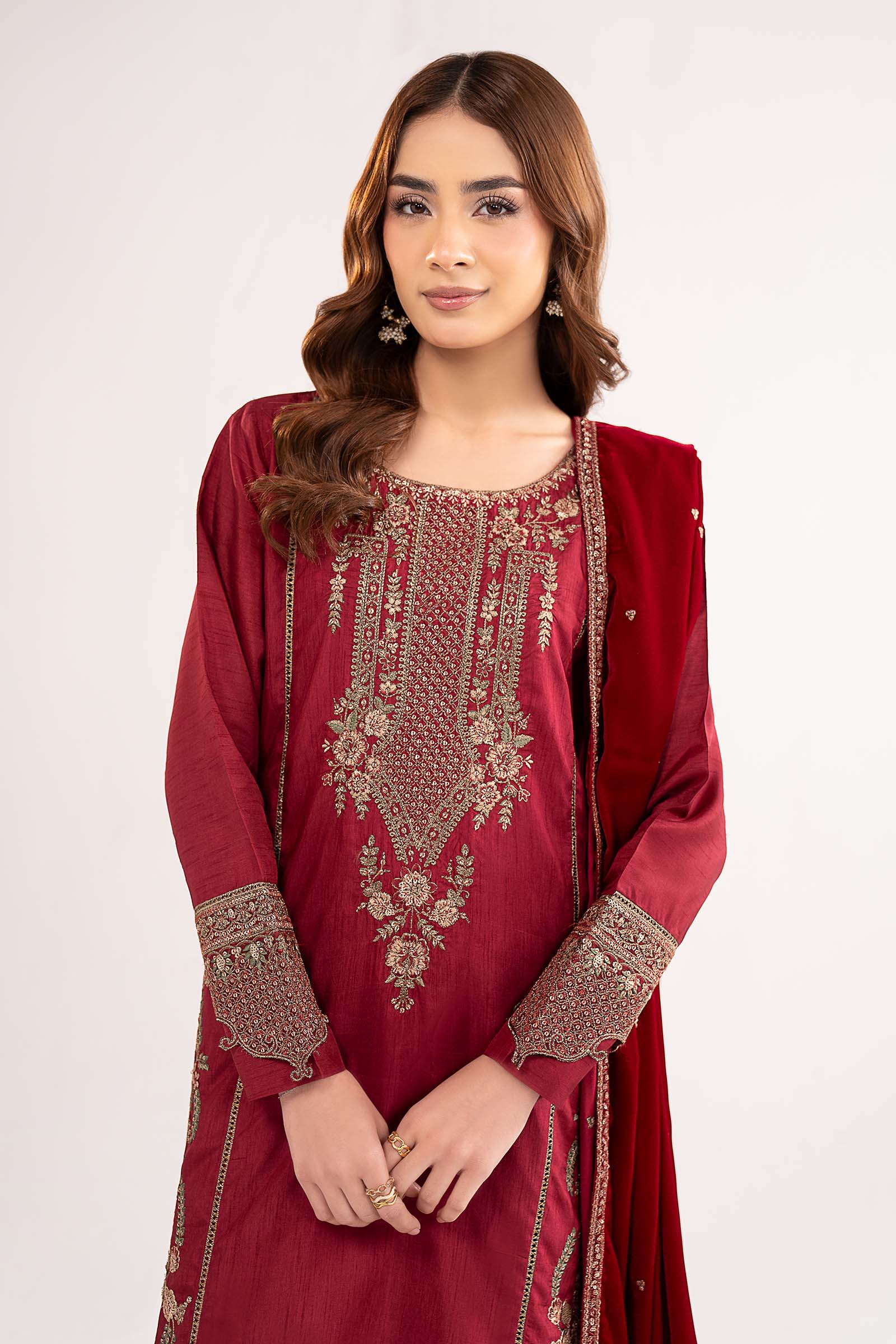 3 Pc Embroidered Raw Silk Suit - Image 4